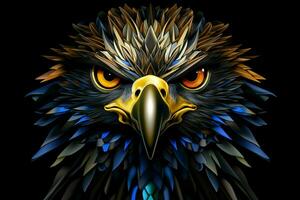 Eagle head in blue and yellow colors on a black background. ai generated pro photo