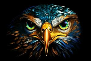 Eagle head in blue and yellow colors on a black background. ai generated pro photo