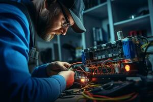reparador reparando electrónico circuito tablero en el taller a noche. ai generado Pro foto