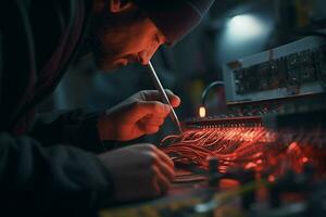 Repairman repairing electronic circuit board in the workshop at night. ai generated pro photo