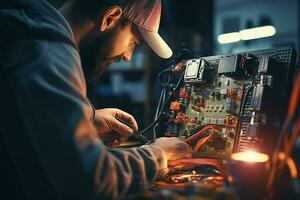 Repairman repairing electronic circuit board in the workshop at night. ai generated pro photo