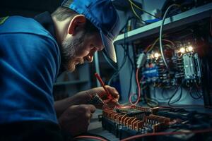 Repairman repairing electronic circuit board in the workshop at night. ai generated pro photo