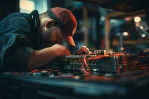 Repairman repairing electronic circuit board in the workshop at night. ai generated pro photo