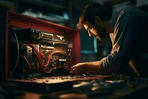 Repairman repairing electronic circuit board in the workshop at night. ai generated pro photo