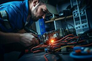 reparador reparando electrónico circuito tablero en el taller a noche. ai generado Pro foto