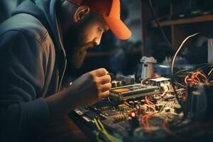 Repairman repairing electronic circuit board in the workshop at night. ai generated pro photo