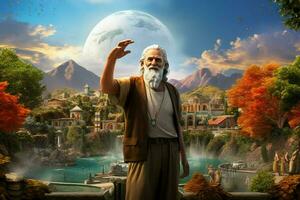 Old man in front of a fantasy landscape. 3D rendering. ai generated pro photo