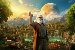 Old man in front of a fantasy landscape. 3D rendering. ai generated pro photo