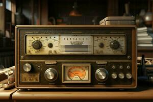 Clásico radio en un de madera mesa en el interior de el habitación, Clásico estilo. retro radio. ai generado Pro foto