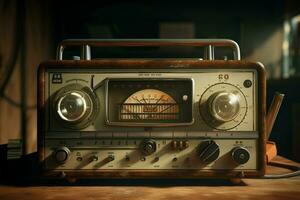 Clásico radio en un de madera mesa en el interior de el habitación, Clásico estilo. retro radio. ai generado Pro foto