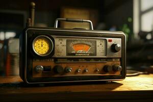 Vintage radio on a wooden table in the interior of the room, vintage style. Retro radio. ai generated  pro photo