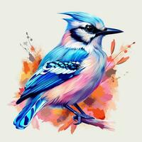 Blue jay bird on a branch with colorful background. ai generated pro photo