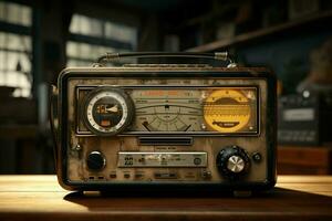 Vintage radio on a wooden table in the interior of the room, vintage style. Retro radio. ai generated  pro photo