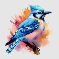 Blue jay bird on a branch with colorful background. ai generated pro photo