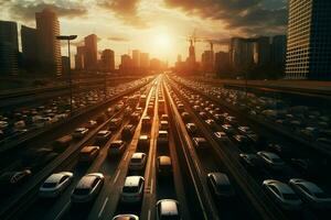 Traffic jam on the highway at sunset, Shanghai, China. ai generated  pro photo