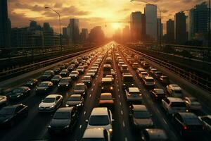 Traffic jam on the highway at sunset, Shanghai, China. ai generated  pro photo