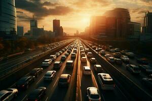 Traffic jam on the highway at sunset, Shanghai, China. ai generated  pro photo