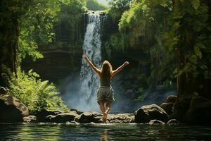 Happy young woman jumping in the water of a waterfall in the jungle. ai generated pro photo