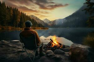 Man sitting by the campfire in front of a mountain lake. ai generated pro photo