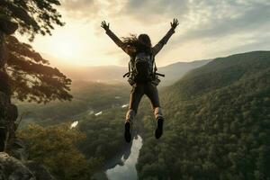 joven mujer caminante saltando terminado acantilado dentro el brumoso Valle a amanecer. ai generado Pro foto