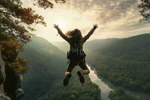 young woman hiker jumping over cliff into the misty valley at sunrise. ai generated pro photo