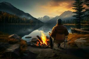 Man sitting by the campfire in front of a mountain lake. ai generated pro photo