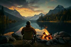 Man sitting by the campfire in front of a mountain lake. ai generated pro photo