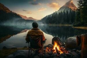 Man sitting by the campfire in front of a mountain lake. ai generated  pro photo