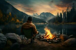 Man sitting by the campfire in front of a mountain lake. ai generated pro photo