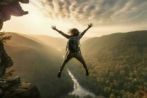 young woman hiker jumping over cliff into the misty valley at sunrise. ai generated pro photo