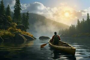 hombre en un kayac en el lago en el montañas a puesta de sol. ai generado Pro foto
