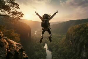 young woman hiker jumping over cliff into the misty valley at sunrise. ai generated pro photo