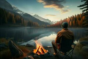 Man sitting by the campfire in front of a mountain lake. ai generated pro photo