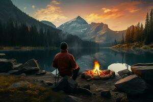 Man sitting by the campfire in front of a mountain lake. ai generated pro photo