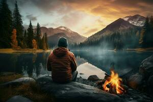 Man sitting by the campfire in front of a mountain lake. ai generated pro photo