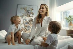 Mother and her children playing in living room at home, happy family. ai generated  pro photo