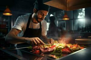 Chef cooking food in kitchen at restaurant. Portrait of handsome bearded chef cooking food in restaurant. ai generated pro photo