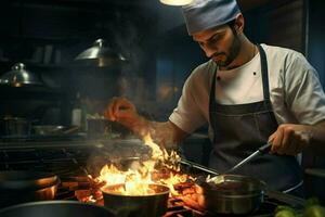Chef cooking food in kitchen at restaurant. Portrait of handsome bearded chef cooking food in restaurant. ai generated pro photo