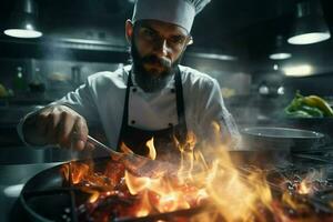 Chef cooking food in kitchen at restaurant. Portrait of handsome bearded chef cooking food in restaurant. ai generated pro photo