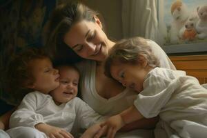 madre y su niños jugando en vivo habitación a hogar, contento familia. ai generado Pro foto