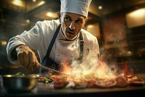 Chef cooking food in kitchen at restaurant. Portrait of handsome bearded chef cooking food in restaurant. ai generated  pro photo