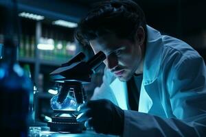 Scientist working with microscope in laboratory. Medical research and development. ai generated  pro photo