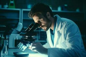 Scientist working with microscope in laboratory. Medical research and development. ai generated  pro photo