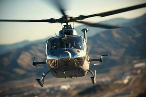 Helicopter in flight over the mountains. 3d rendering. ai generated pro photo