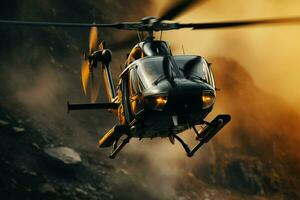 Helicopter in flight over the mountains. 3d rendering. ai generated pro photo