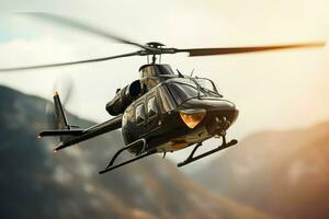 Helicopter in flight over the mountains. 3d rendering. ai generated pro photo