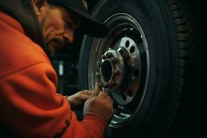 auto mechanic changing a car tire at a car repair service station. mechanic changing a car wheel with a wrench in a garage. ai generated pro photo