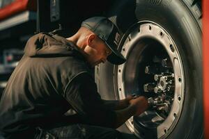 auto mechanic changing a car tire at a car repair service station. mechanic changing a car wheel with a wrench in a garage. ai generated pro photo