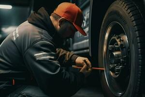 auto mecánico cambiando un coche neumático a un coche reparar Servicio estación. mecánico cambiando un coche rueda con un llave inglesa en un cochera. ai generado Pro foto