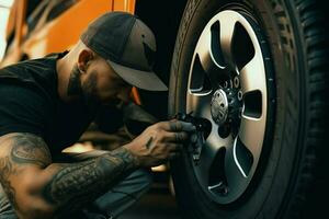 auto mechanic changing a car tire at a car repair service station. mechanic changing a car wheel with a wrench in a garage. ai generated  pro photo